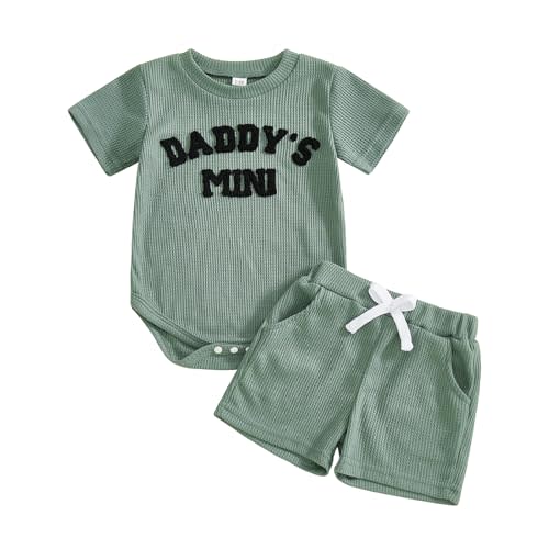Kupretty Baby Boy Clothes Daddy's Mini Waffle Knit Romper Shorts Set | 3 6 12 18 Months Boys Clothing Set Infant Summer Outfit Embroidery Short Sleeve Bodysuit & Matching Shorts Set