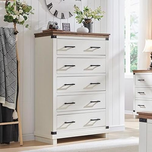 RedLemon Farmhouse 5 Drawers Dresser for Bedroom, Wood Tall Chest of Drawers with Thick Plank Styling, Rustic Closet Dresser for Bedroom, Living Room, Antique White Color