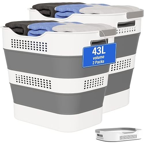 43L+43L Collapsible Laundry Baskets plastic, Pop Up Laundry hamper/Storage Container, Foldable Laundry Basket with Handles, Durable,Space Saver (Grey, 2 Packs)