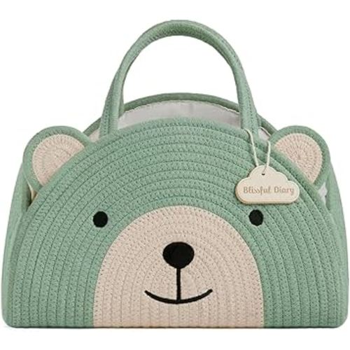 Blissful Diary Baby Diaper Caddy Organizer, Cotton Rope Diaper Caddy Basket, Large Storage Basket, Gift for Baby Shower, Newborn Essentials, Bear Roman Green