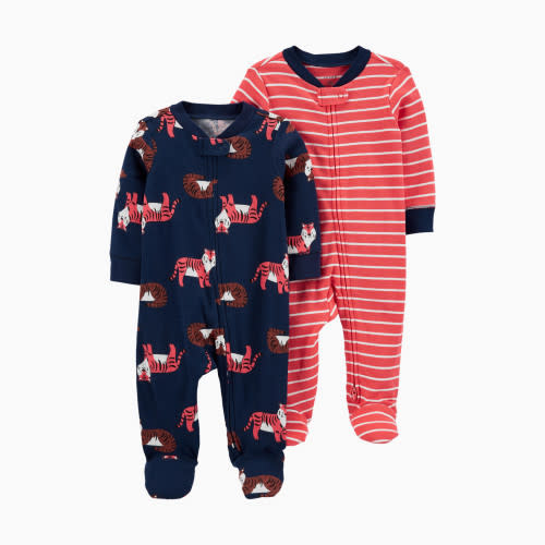 Carter's 2-Way Zip Cotton Sleep & Plays (2 Pack) - Stripes/Tigers/Animals, 3M