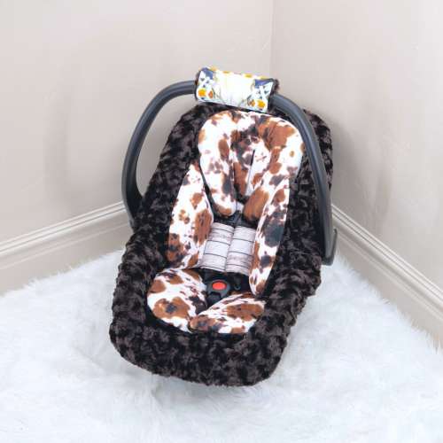 Brown Cow Wild West Baby Boy Car Seat Insert Cushion Accessories - Head and Body Rest - Straps Cushions - Personalized Printed Name