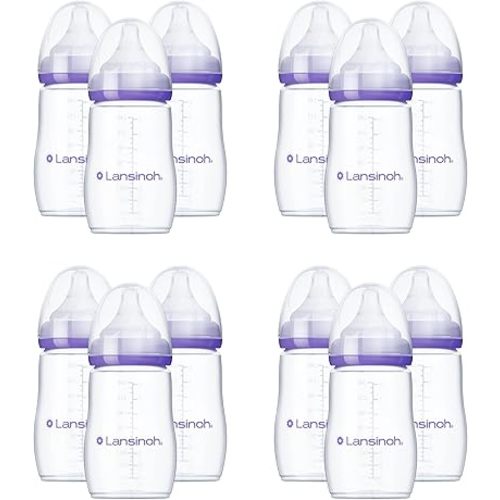 Lansinoh Anti-Colic Baby Bottles, BPA-Free Plastic, 8 Ounces, Medium Flow Nipples (Size M), Breastfeeding Bottle with NaturalWave Design, Baby Essentials (Pack of 12)