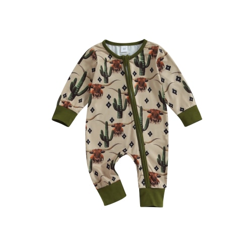 Wassery Western Baby Boys Jumpsuit Long Sleeve Cow/Horse Print Zipped Romper Bodysuits Newborn Autumn Country Cowboy Coming Home Clothes