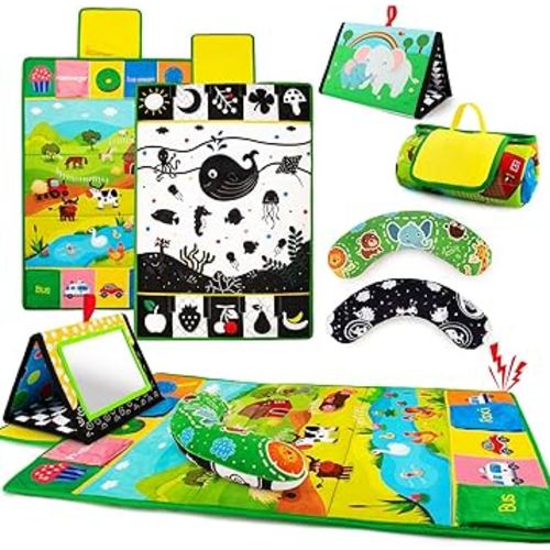 Tummy Time Mirror & Play Mat & Pillow 3-in-1, High Contrast Black and White Baby Toys, Activity Mat for Early Education, Newborn Infant Tummy Time Toy Set for 0 3 6 12 Month Crinkle/Squeake