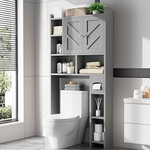 Over the Toilet Storage Cabinet, Freestanding Farmhouse Storage Cabinet Over Toilet, Bathroom Organizer with Paper Holder Stand and Adjustable Shelf, Grey