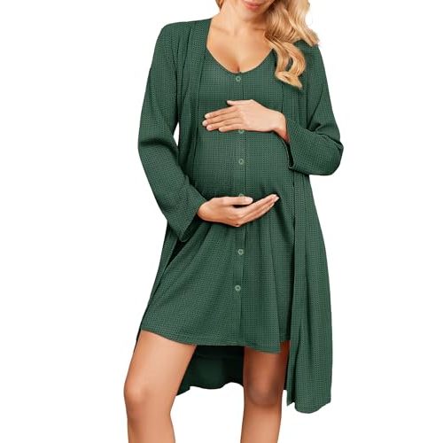 Ekouaer Maternity Nursing Gown and Robe Set 2 Piece Waffle Breastfeeding Nightgown 3 in 1 Labor and Delivery Hospital Gown
