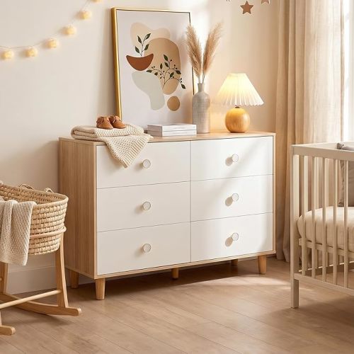 BERRY NEST White Dresser for Bedroom, 6 Drawer Dressers with Solid Wood Legs, Baby Dresser for Kids, Storage for Clothes and Baby Essentials