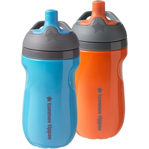 Tommee Tippee Insulated Sportee Bottle, for 12m+, 9oz, Pack of 2 Non-Spill Toddler Water Bottles, Orange and Blue, with Two-Piece Valve to Help Stop Spills, Bite-Resistant Spout and Easy-Hold Handle