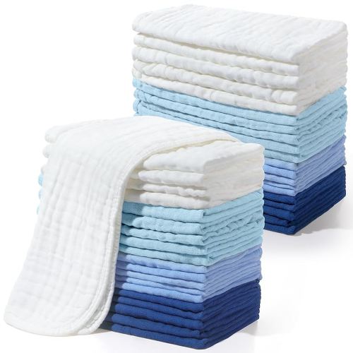 Buryeah 20 Pcs Burp Cloths Large 20" x 10" 100% Cotton Hand Washcloths 6 Layers Extra Absorbent and Soft (Cool Colors)