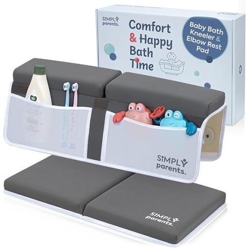 Baby Bath Kneeler and Elbow Rest Pad Set - Quick-Dry, Non-Slip Kneeling Pad for Bathing Toddler, Toy Organizer Pockets, Gift Box, Accessories for Tub, Gray