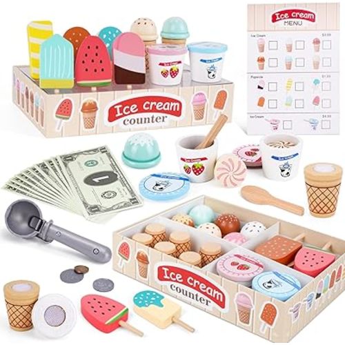 Wooden Ice Cream Toys for Toddlers 3-5, Kids Wooden Toys Play Kitchen Accessories, Play Food Sets for Kids Kitchen, Pretend Play Toys Gifts for 3 4 5 Year Old Girls Boys Birthday Christmas