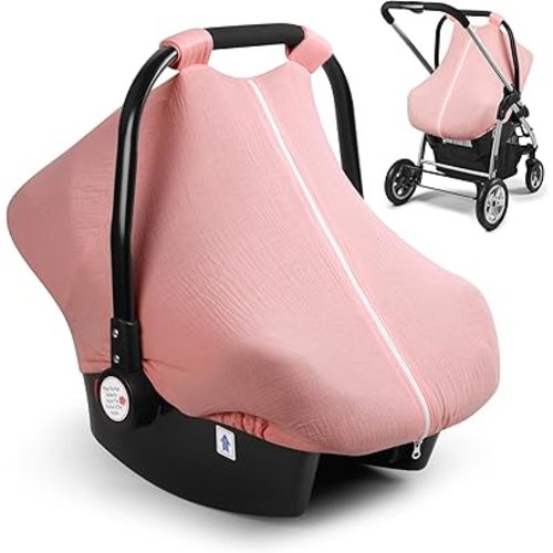 Elstey Muslin Baby Car Seat Cover, Breathable Carseat Canopy with Fully Zipper Opening, Universal Fit Infant Stroller Carrier Covers for Boys and Girls