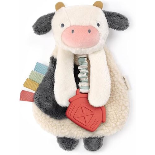 Itzy Ritzy - Itzy Lovey Including Teether - Baby Lovey with Teether, Textured Ribbons & Dangle Arms - Features Crinkle Sound, Sherpa Fabric and Minky Plush (Cow)