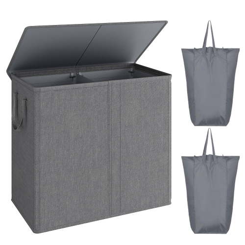 BGTREND Double Laundry Hamper with Lid 110L Laundry Basket with Removable Liner Bags Collapsible Laundry Sorter Dirty Clothes Hamper (Dark Gray)