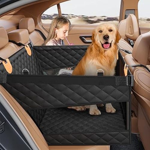 PETICON Large Dog Car Seat, Back Seat Extender for Dogs with 3 Mesh Windows, Waterproof Medium Carseat for Dogs with 4-Splice Hard Bottom, Pet Seat Cover for Cars, Trucks and SUVs (Black)