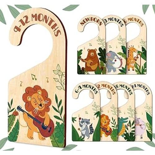 HOUÍSM Safari Baby Closet Dividers Double-Sided Nursery Month Size Dividers from Newborn to 24M, Wooden Baby Clothes Hanger Dividers for Nursery Decor & Organization Baby Boy Girls Baby Party Gift