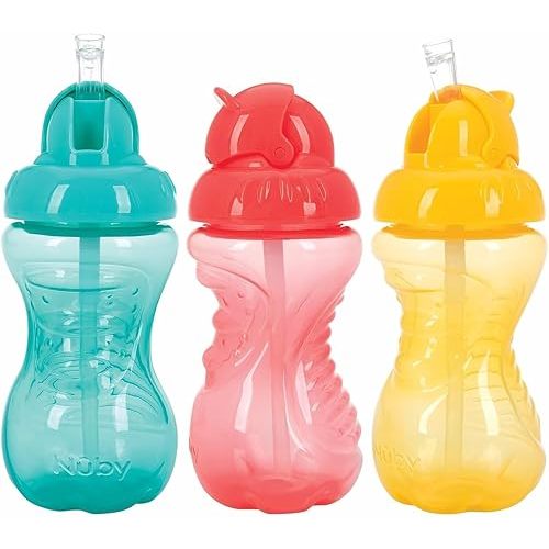 NUBY 3 Pack No Spill Flip it Soft Straw Toddler Sippy Cups - Toddler Cups Spill Proof with Easy and Firm Grip - Toddlers Cups - Aqua, Coral, Yellow