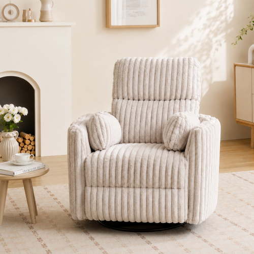 Power Swivel Glider Recliner Chair with 2 Pillows,USB & Type-C Ports,Plush Corduroy Upholstery Rocking Nursery Reclining Chair for Living Room Faux Fur Ivory