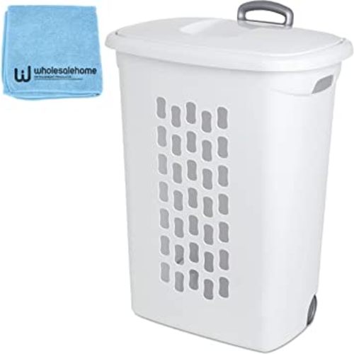 Sterilite Plastic Laundry Hamper with Lid and Wheels - Tall White Portable Rolling Laundry Basket with Wheels and Handle for Dirty Clothes Hamper, Wholesalehome Cloth Included