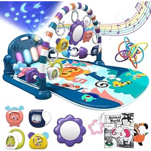 Baby Play Mat, Tummy Time Activity Mat Toys, Lovely Piano Baby Play Gym with 7 Infant Sensory Baby Toys, Baby Floor Play Mat for Newborn Baby 0-3-6-9-12 Months for Boys (Blue)
