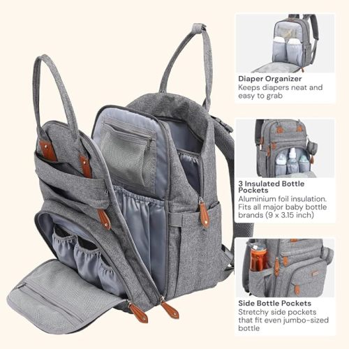 BabbleRoo Waterproof Diaper Bag Backpack - Baby Essentials Travel Tote - Multi function with Changing Pad, Stroller Straps & Pacifier Case - Unisex, Light Gray