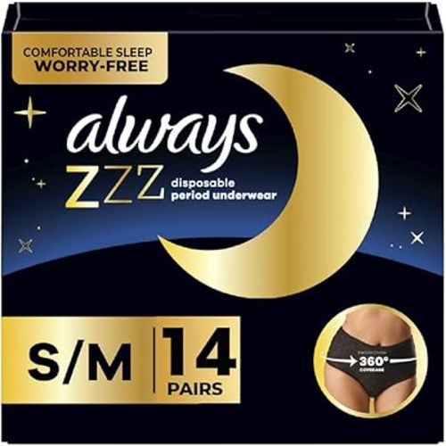 Always ZZZs Overnight Disposable Period Underwear for Women, Leakproof, Black, Size S/M, 14 Count (Pack of 2, 7 Count Each)