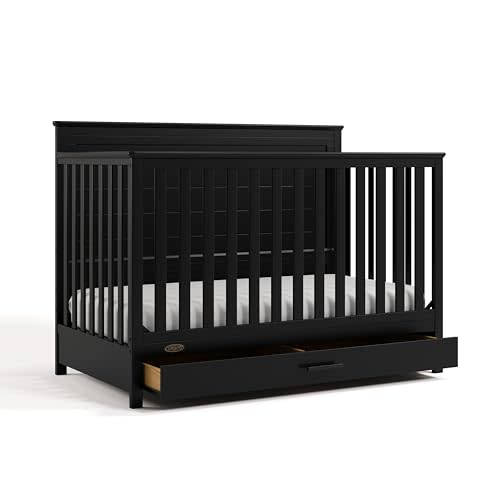 Graco Tristan 5-in-1 Convertible Crib with Drawer (Black) – GREENGUARD Gold Certified, Fits Standard Crib Mattress, Premium Handle, Converts to Toddler Bed, Daybed, and Full-Size Bed