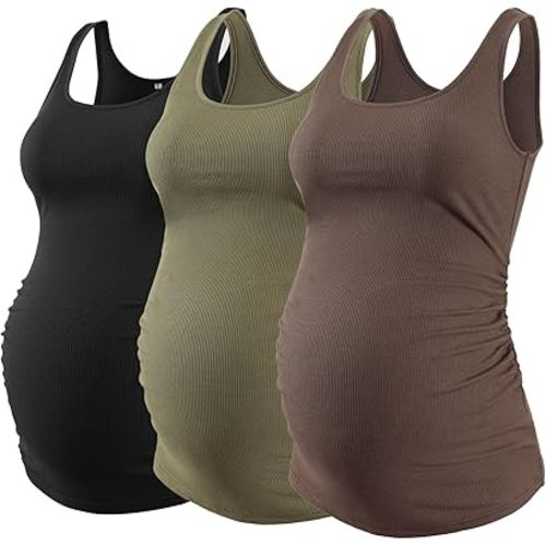 Liu & Qu Maternity Tank Tops Rib Side-Shirred Sleeveless Pregnancy Basic Shirt 3-Pack