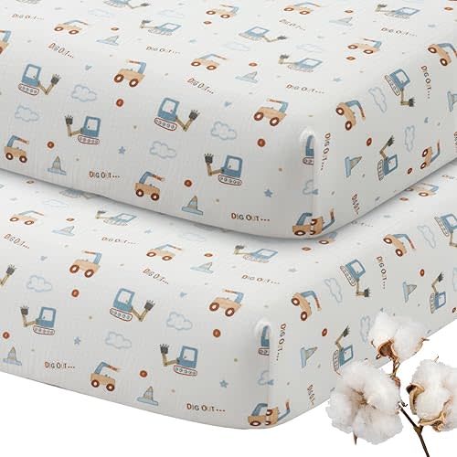 SiinvdaBZX 2 Pack Muslin Crib Sheets for Boys, Ultra Soft Cotton Breathable Fitted Baby Crib Mattress Sheets for 52"x28" Standard Toddler Mattress (2Pcs Construction Trucks)