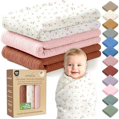 Organic Muslin Baby Blanket 3 Pack Clay, Blush & Ivory Floral 38x40 Inch 100% Organic Cotton Oeko-TEX Certified Ultra Soft Swaddle Blanket for Newborn Boys & Girls Boho Nursery