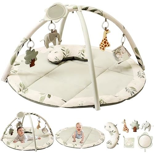 Fortella Baby Play Gym & Activity Mat, Tummy Time Mat w 5 Detachable Toys and Pillow, Large Sensory Playmat for Floor, Newborn Infant Baby Essentials Shower Gift 0-3-6-9-12 Months (Sage Green)