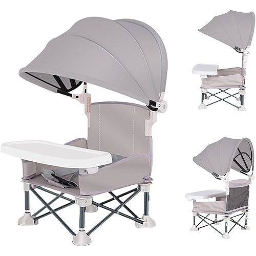 Foldable Baby Travel Seat Booster With Canopy And Removable Tray, Portable Baby Travel Seat Booster, Toddler Camping Chair, Folding Dining Chair, Feeding Chair For Picnic, Beach, Lawn