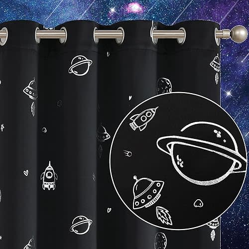 Vangao Black Kids Curtains for Boys Bedroom Space Theme Blackout Curtains for Kids Nursery Girls Room 63 Inches Length Silver Foil Print Drapes Grommet Top Window Treatments Set 2 Panels