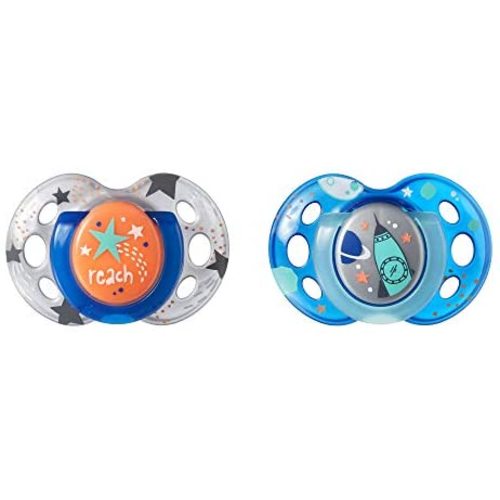 Tommee Tippee Night Time Glow in the Dark Pacifiers, Symmetrical Design, BPA-Free Silicone Binkies, 0-6 mo, 2-Count, Colors and Designs May Vary