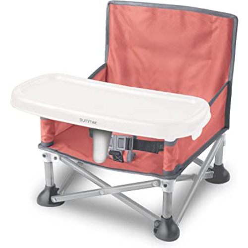 Summer by Bright Starts Pop 'N Sit Portable Booster Chair, Floor Seat, Indoor/Outdoor Use, Compact Fold, Coral, 6 Mos - 3 Yrs