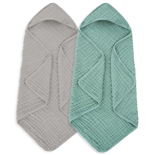 MIGIOL Muslin Hooded Baby Towels 100% Cotton ,Super Soft Muslin Baby Bath Towel - 32 x 32 Inches, Suitable for Newborn and Young Children up to 3 Years Old. (Grey & Green)