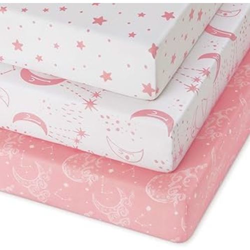 Pack and Play Sheets Fitted 3 Pack, Mini Crib Sheets for Pack N Play Mattress Stretchy Portable Playard Sheets, Soft Breathable Pink White Moon