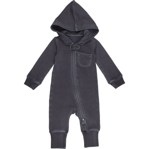 Baby Hooded Organic Cotton Zip Romper, Coal