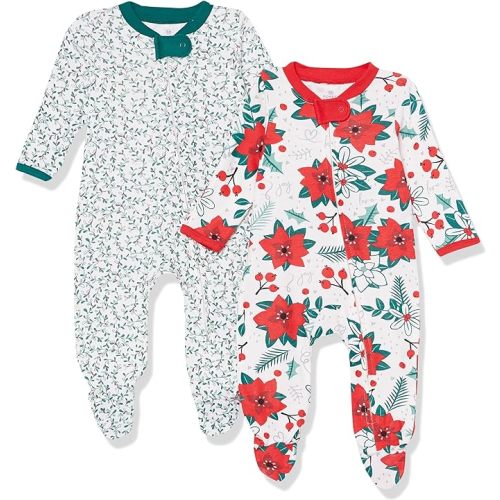 HonestBaby Baby 2-Pack Holiday Sleep and Play Footed Holiday Pajamas One-piece Sleeper Zip-front Organic Cotton Pjs
