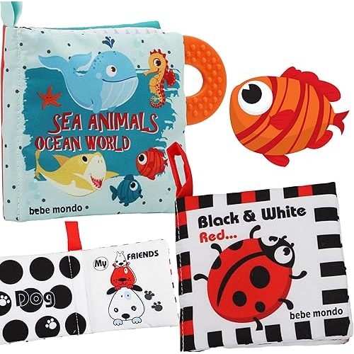 High Contrast Baby Books, Cloth Crinkle Books for Babies Infant Baby Books Toys 0-3-6-12-18 Months, Christmas Shower Baby Gifts, Teething,Sensory Toy for Boys and Girls,Fish,Black and White 2PCS