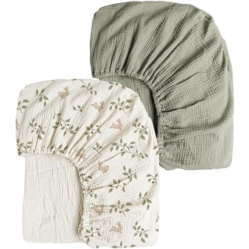 Konssy Muslin Crib Sheets 2 PCS, 100% Cotton Baby Crib Sheets for Standard Crib Mattress (28"x 52"), Soft and Breathable for Boys, Girls (Rabbit,Fog Green)