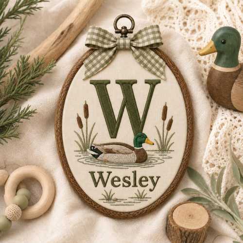 Personalized Duck Nursery Embroidery Hoop, Custom Initial and Name Sign, Mallard Baby Boy Wall Decor, Woodland Lake Nursery Gift
