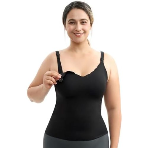 Momcozy Nursing Tank Tops for Breastfeeding, Seamless Nursing Cami with Built-in Bra, Adjustable Straps, Scalloped Design