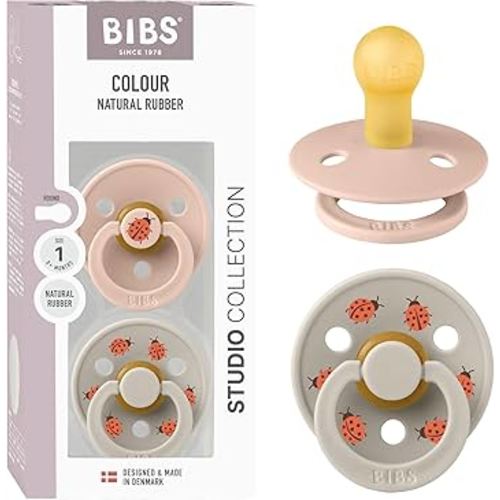 BIBS Colour Studio Soother 2-Pack, BPA Free Dummy Pacifier, Round Nipple. Natural Rubber Latex, Made in Denmark, Size 1 (0-6 Months), Blush/Sand