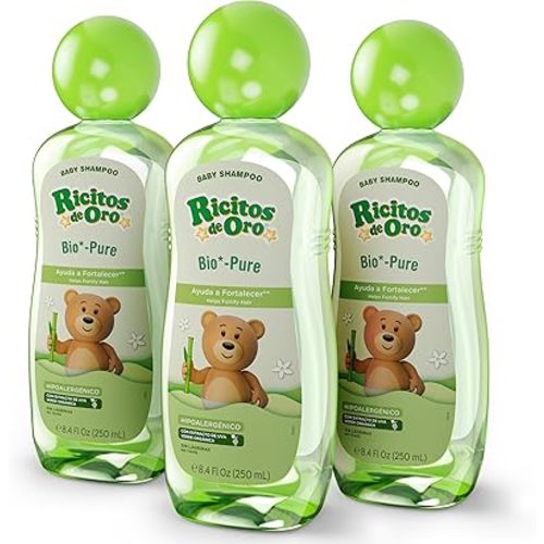 Ricitos De Oro Bio-Pure Baby Shampoo, Fortifies Hair, Adds Shine & Softness, Hypoallergenic & Tear-Free, Includes Rattle Cup, Ideal Baby Hair Product, 250 ml, 3-Pack