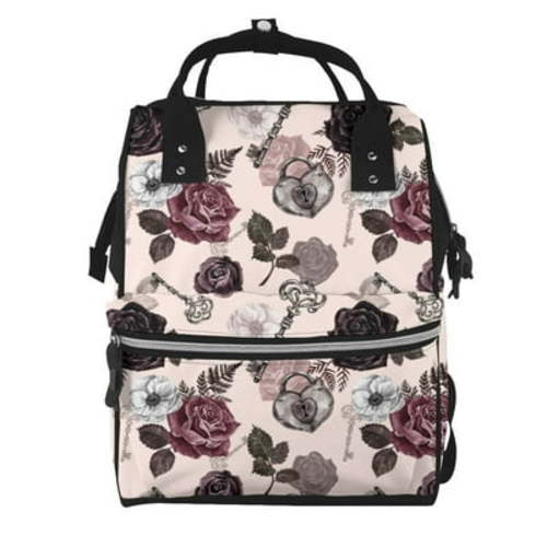 Balery Retro Red Black Roses Mummy Backpack - Waterproof Twill Canvas, Large Capacity Diaper Bag with Multiple Pockets and Adjustable Straps