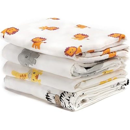 CuddleBug Muslin Baby Swaddle Blankets for Boys and Girls Size Large 4 x 4 Feet – Muslin Cotton 4 Pack (Safari Friends)