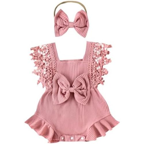 Newborn Baby Girl Lace Romper Ruffle Sleeveless Backless One Piece Jumpsuit Bodysuit with Headband Summer Clothes