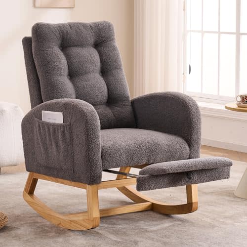 NIOIIKIT Nursery Rocking Chair, Linen Upholstered Glider Chair with Footrest, Tufted Rocker Recliner with Side Pocket, Comfy Recliner Glider, Accent Chair for Living Room (Grey Teddy)